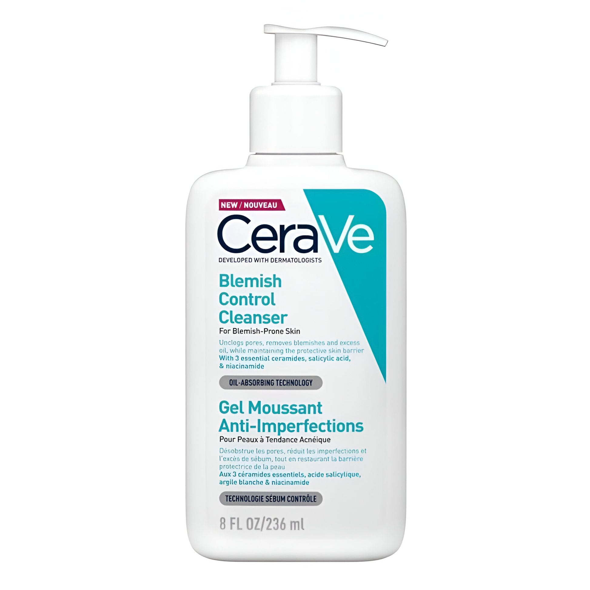 CeraVe blemish control cleanser bottle on a white background