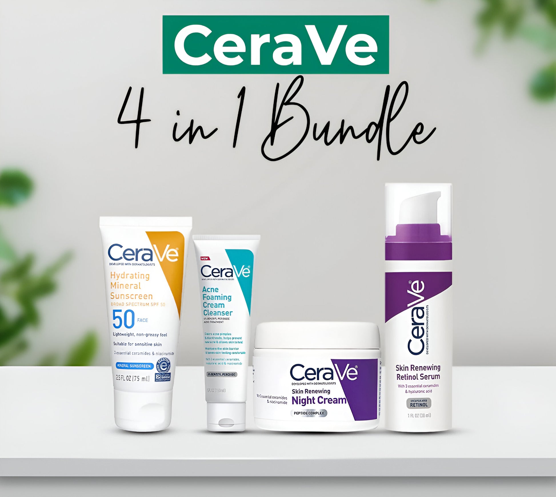 CeraVe skincare products including cream, serum, and cleanser