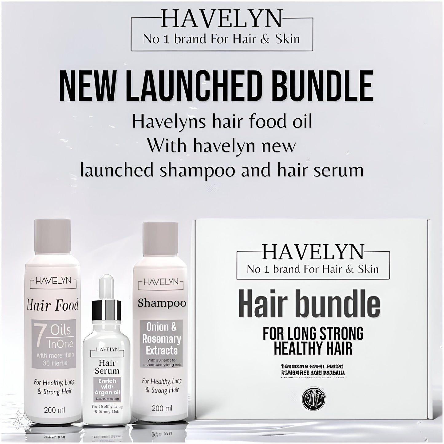 Havelyn hair care product bundle with shampoo, hair food oil, and serum 