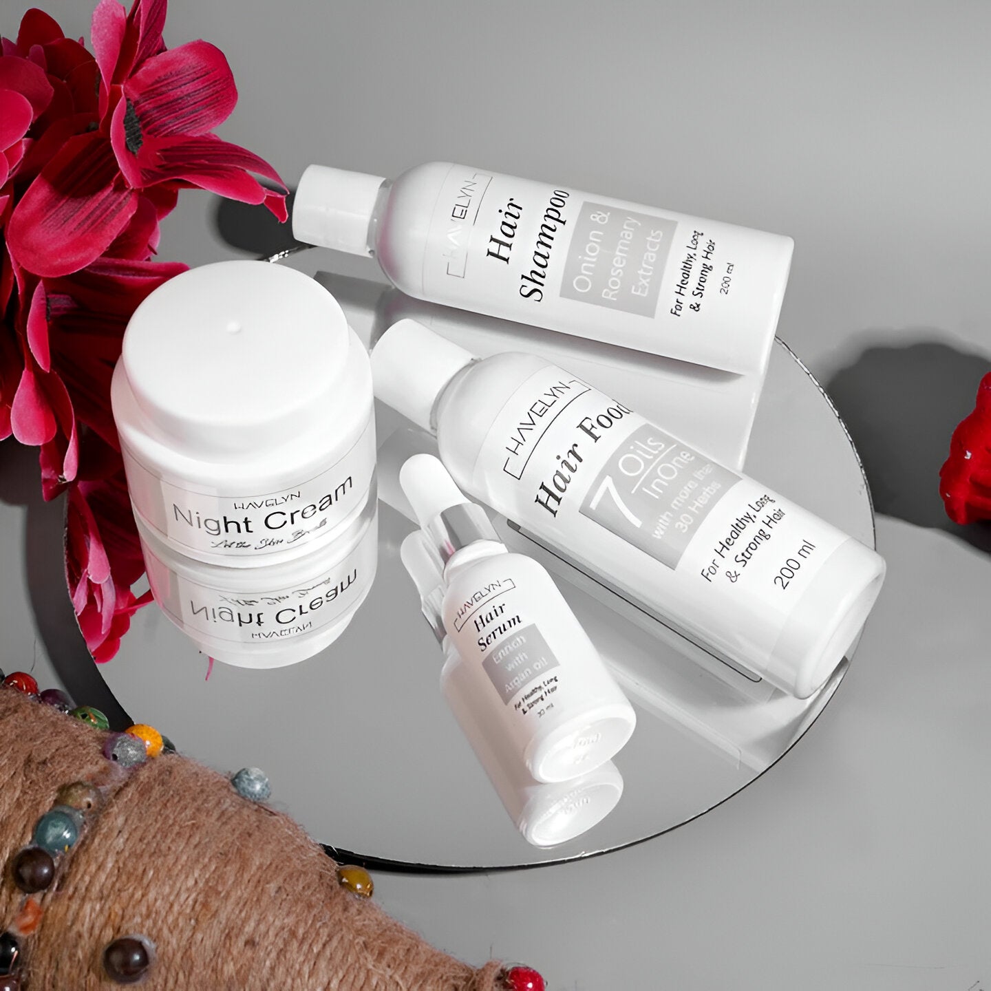 hair care products including shampoo, night cream, serum, havelyn hair food