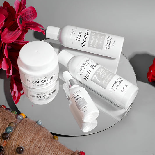 hair care products including shampoo, night cream, serum, havelyn hair food