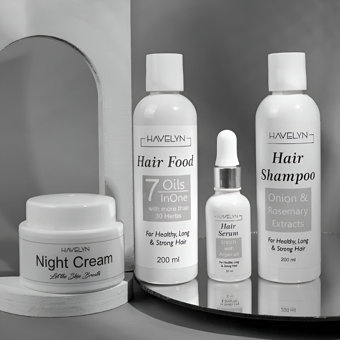 havelyn hair care products including shampoo, night cream, serum, havelyn hair food